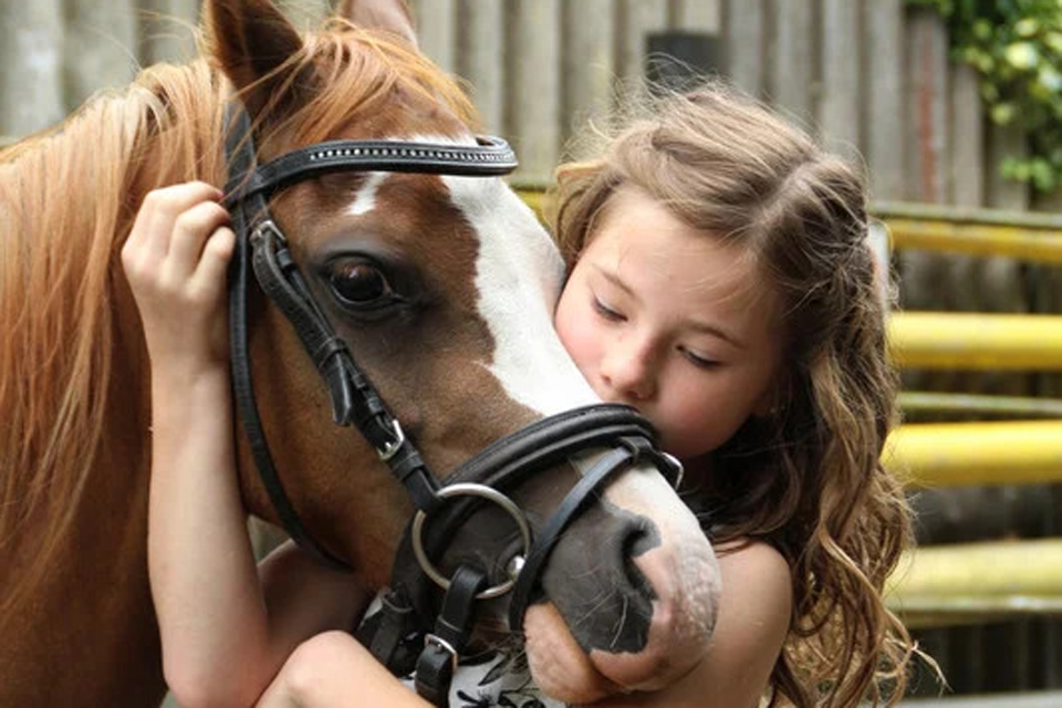 Mädchen umarmt Pferd